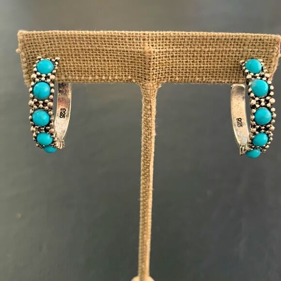 Western Hopi Navajo Style Faux Turquoise & Sterling Silver 925 Hoop Earrings NEW - Picture 6 of 12